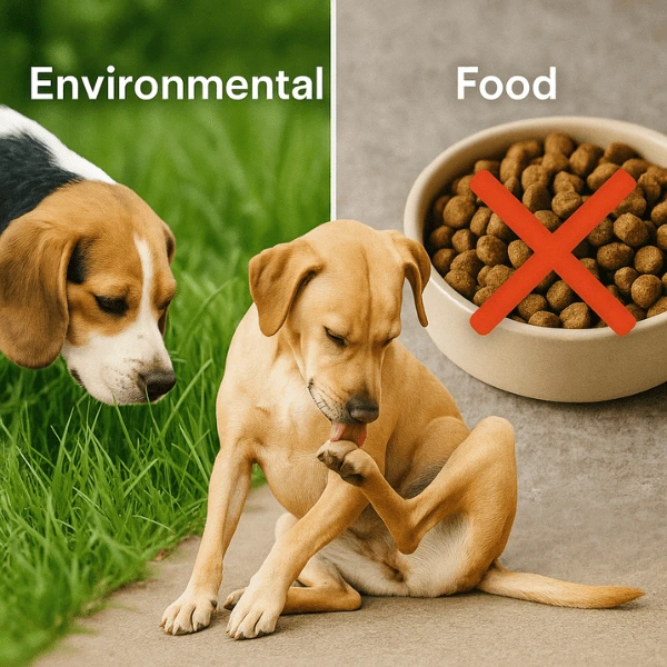 Dog with allergy-related hair loss from food or environmental triggers