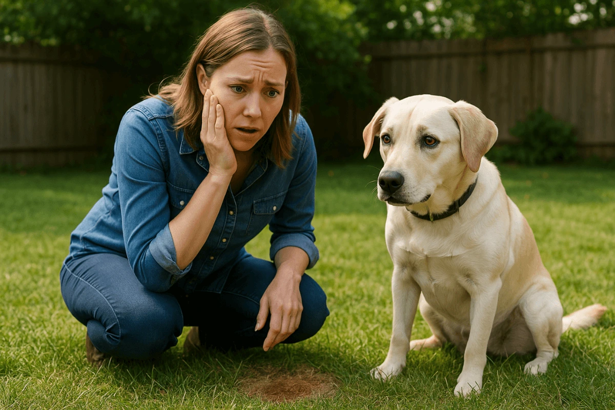 Concerned dog owner looking at dog poop in grass after noticing dog diarrhea with blood