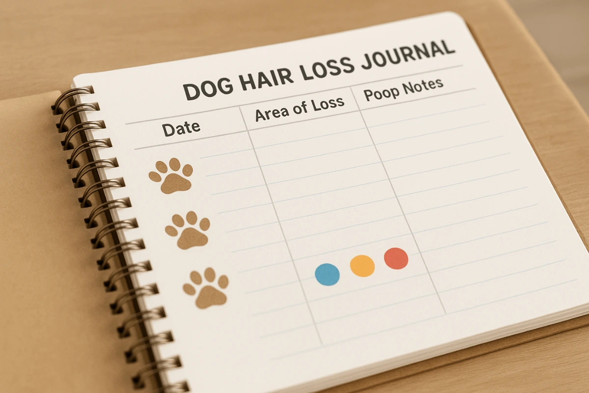 Open journal for tracking dog hair loss symptoms, food, and behavior