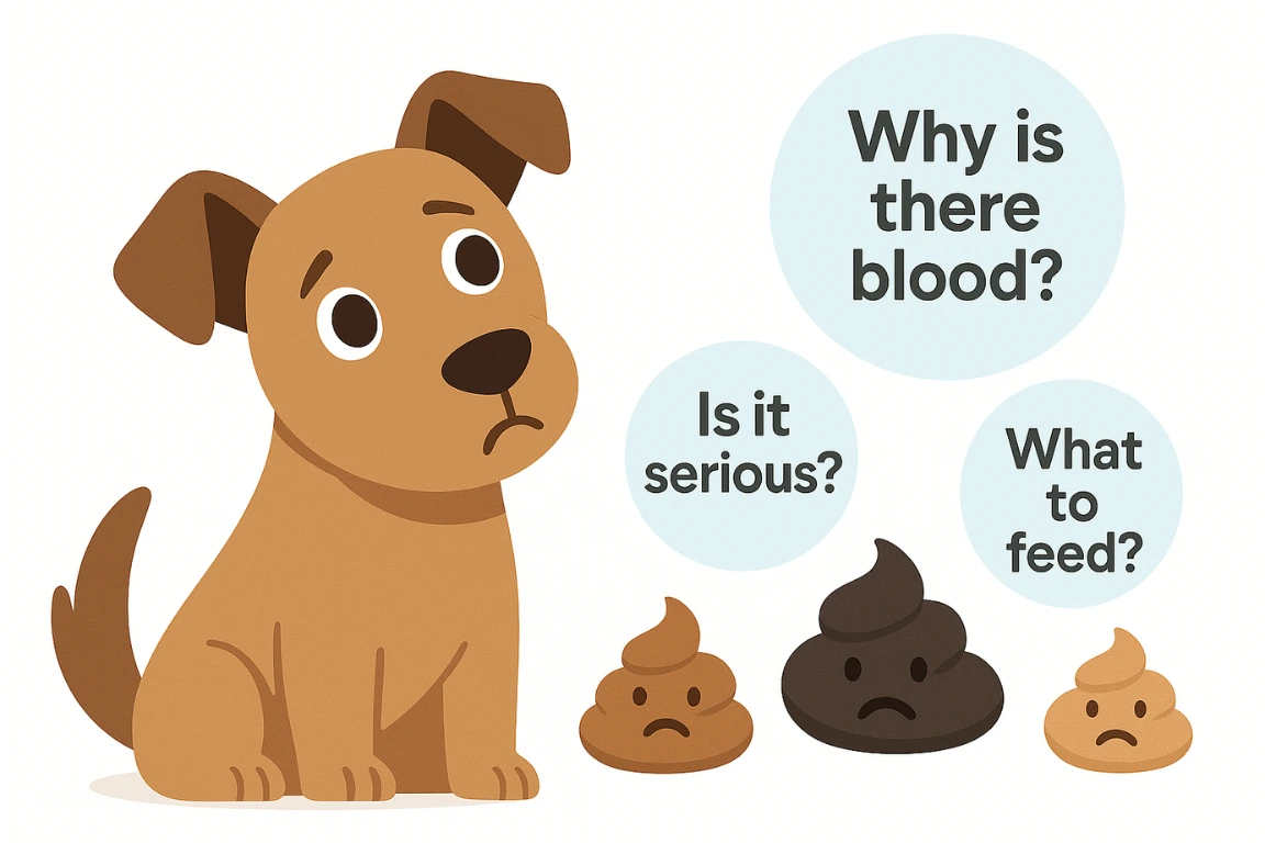 Dog with question marks about blood in stool, causes, and when to go to the vet