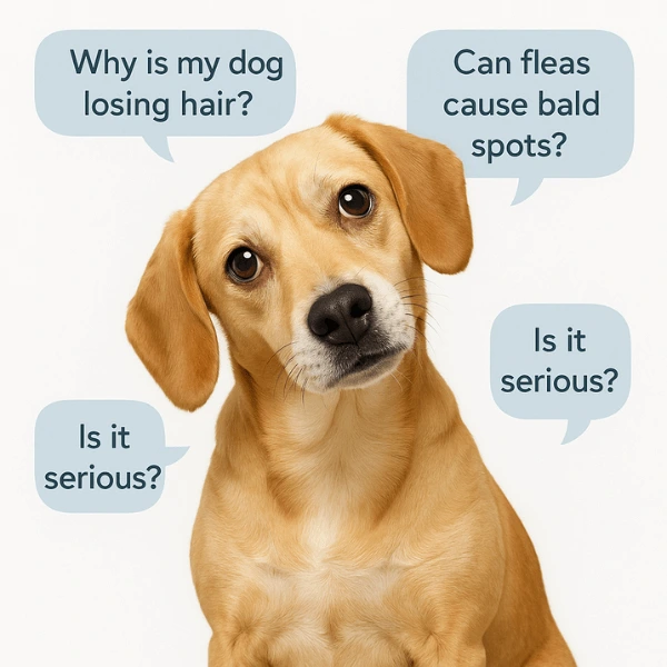 Curious dog tilting head near floating hair loss questions