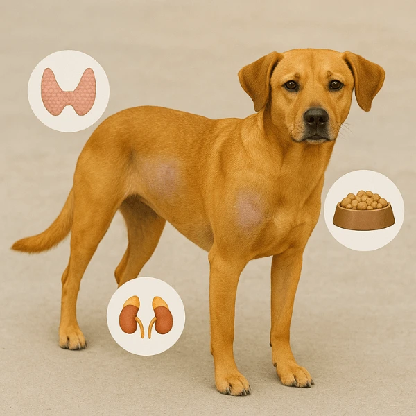  Calm dog with symmetrical bald patches on both sides due to hormone imbalance