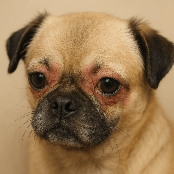 Close-up of dog with hair loss around the eyes due to allergies or mites