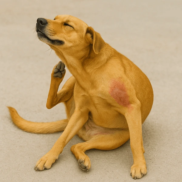  Dog scratching its side with visible signs of itchy skin and hair loss