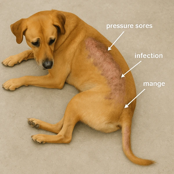 Large dog with patchy fur on its back from pressure sores or mange