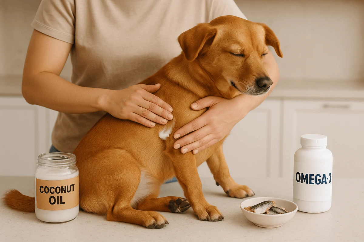 Owner applying coconut oil rub to a dog with dry, itchy skin