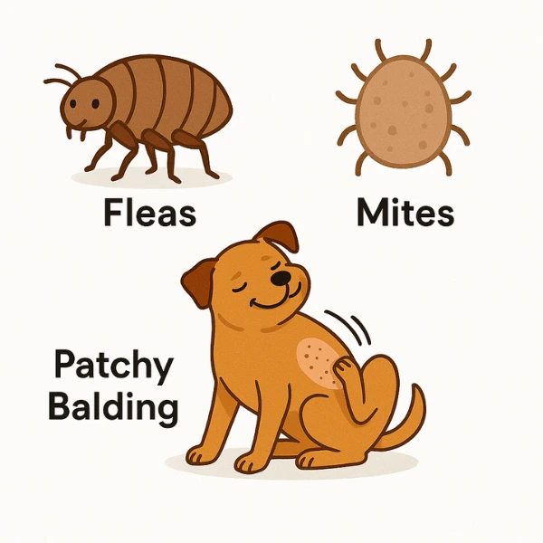 Parasites like fleas and mites causing sudden patchy dog hair loss