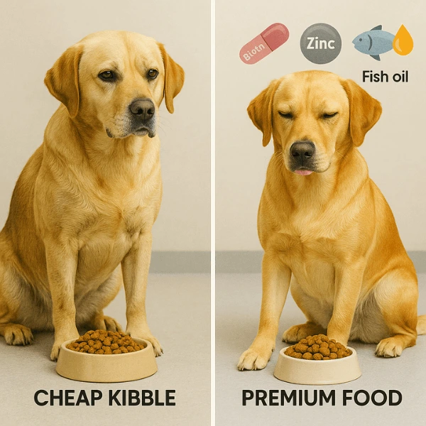 Comparison of a greasy coat from poor food vs. a shiny healthy coat