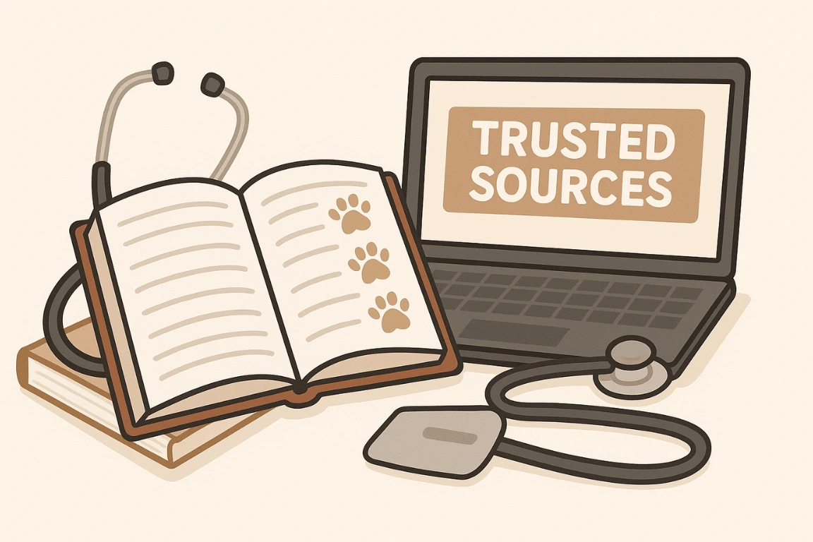Veterinary books and laptop showing trusted sources about dog diarrhea with blood