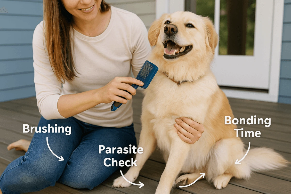 Brushing a dog to prevent hair shedding and check for skin issues