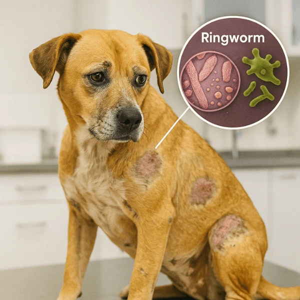 Dog with circular bald patches from ringworm or bacterial infection