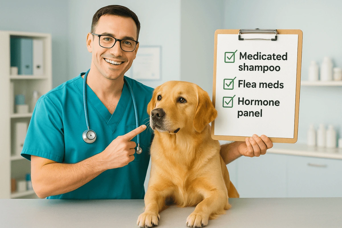 Vet explaining dog hair loss treatments including shampoo and medication