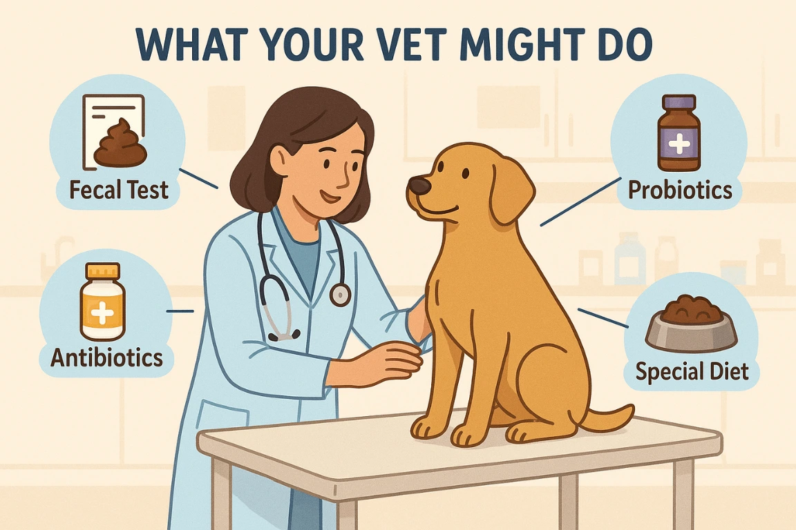 Veterinarian examining a dog with bloody diarrhea symptoms during clinic visit